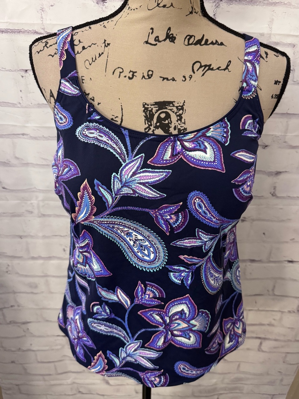 Lands' End 12 top Floral Paisley Blue Purple Tankini Swim Suit Slimming Liner